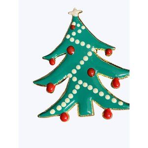 Vintage Christmas Tree Enamel Brooch Pin With Red & White Accents
